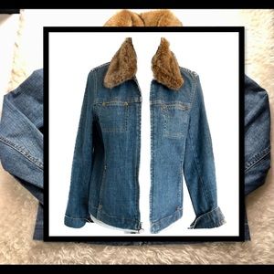 JONES NEW YORK WOMENS DENIM JEAN JACKET REMOVAL FAUX FUR COLLAR PL